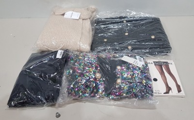 50 X BRAND NEW MIXED CLOTHING LOT CONTAINING - BELLAVIE CARDIGAN- IVIVI SKIRTS - ATTENTIF TWEED BLAZER - H&NATHALIE TIGHTS - FOREVA YOUNG LONG DRESS - VERA AND LUCY CROP TOP ETC IN VARIOUS SIZES IN 2 TRAYS