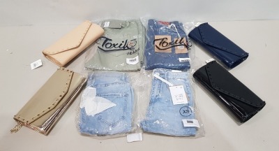 48 X BRAND NEW MIXED CLOTHING LOT CONTAINING - 24 X MIXED HAND BAGS I.E KOKO - 24 MIXED DENIM JEANS AND SHORTS I.E MOCHY - TOXIC - LAULIA ETC IN 3 TRAYS