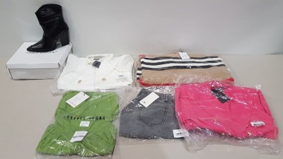 45 X BRAND NEW MIXED CLOTHING LOT CONTAINING MOCHY DENIM SHORTS - MILLENIUM JUMPERS - ATTENTIF BLAZERS - INSTA GIRL SEQUIN FLARES - FOREVA YOUNG DRESSES ETC IN VARIOUS SIZES IN 4 TRAYS