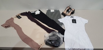 25 X BRAND NEW MIXED LOT CONTAINING - DOROTHY PERKINS PANTS - TOPMAN JEANS - PRETTY LITTLE THING BRALETTE - PRETTY LITTLE THING DRESS - TOPSHOP SHOES - DOROTHY PERKINS JUMPER ETC IN VARIOUS SIZES IN 1 TRAY
