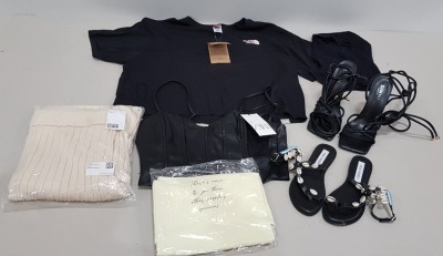 25 X BRAND NEW MIXED CLOTHING LOT CONTAINING ZARA BRALETTE - DAISY STREET PANTS - NORTH FACE T-SHIRT - CHI CHI DRESS - SIMMI LONDON SHOES - FEMME LUXE TRACKSUIT OH POLLY DRESS ETC IN VARIOUS SIZES IN 1 TRAY