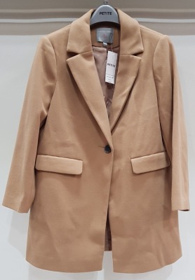 12 X BRAND NEW DOROTHY PERKINS CAMEL COAT JACKETS IN SIZES 4 X 14 - 8 X 16 - RRP £48 - TOTAL £576