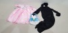 189 X BRAND NEW MIXED LOT CONTAINING 140X EASTER BUNNY RABBIT BAGS - 49X MIXED CLOTHING BOX CONTAINING PINK FAIR DRESS AND BLACK HALLOWEEN GRIM REAPER DRESS IN 2 BOXES