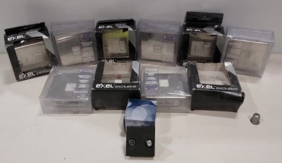 100 X BREAND NEW BOXED ELECTRIC AND EXEL SOCKETS AND SWITCHES PLUS MEDIA WALL OUTLETS