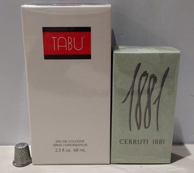 23 X BRAND NEW MIXED LOT CONTAINING - 12 X DANA TABU EAU DE COLOGNE SPRAY - 2.3FL OZ. 68ML - 11X CERRUTI 1881 EAU DE TOILETTE POUR HOMME NATURAL SPRAY - 0.84 FL OZ. 25ML