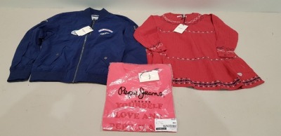 30 X BRAND NEW KIDS MIXED PEPE JEANS CLOTHING TO INCLUDE 15 X PEPE JEANS CINTIA DRESS TOPS IN RED ( SIZES UK 6 / 12 ) 7 X PEPE JEANS FREJA T-SHIRTS - IN PINK ( SIZES S / M / L / XL ) 8 X PEPE JEANS KIDS KAWTHORN JACKET ( SIZES UK KIDS 6 / 8 / 10 )