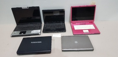 5 X ASSORTED LAPTOPS FOR SPARES - TO INCLUDE TOSHIBA / ACER / DELL / E MACHINES / IPC