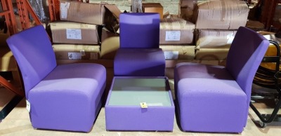 4 PIECE SET TO INCLUDE 3 X SOFA CHAIRS AND 1 X GLASS TOP TABLE - IN PURPLE