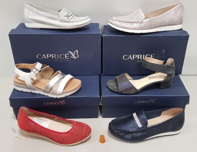 6 X BRAND NEW CAPRICE SHOE LOT CONTAINING RED SUEDE SHOES SIZE 4 - SOFT PINK LOAFERS SIZE 7.5 - ANKLE STRAP SANDALS SIZE 3.5 - DIAMOND LOAFERS SIZE 5 - LOW WEDGE STRAP SANDALS SIZE 3.5 - LEATHER LOAFERS SIZE 3.5