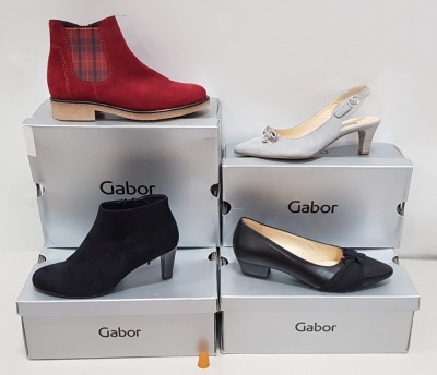 7 X BRAND NEW GABOR SHOE LOT CONTAINING - GABON CHELSEA BOOTS IN RED - GABOR SHORT ANKLE BOOTS IN BLACK - GABOR SUEDE LEATHER ZIP ANKLE BOOTS IN BLACK - GABOR COURT SHOES IN BLACK - GABOR BROGUE STYLE SHOE IN BLACK ETC