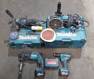 4 X MIXED MAKITA TOOL LOT TO INCLUDE 1X MAKITA SANDER MN- BO6050 240V 750 WQTT 1X MAKITA ANGEL GRINDER MN - GA4530R 110V 720WATT, 1X MAKITA HAMMER DRILL WITH 14.4V BATTERY MN -DHR165 18V, 1X MAKITA DRILL WITH 14,4V BATTERY ETC (ITEMS UNTESTED