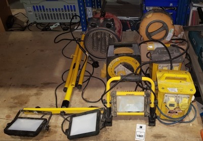 7 PIECE MIXED LOT TO INCLUDE - 1 X HONEYWELL HEATER - 2 X PORTABLE TRANSFORMERS - 1 X STANLEY LED LIGHT - 1X DEFENDER EXTENSION LED ETC