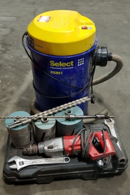 2 PIECE MIXED LOT CONTAINING - 1 X MILWAUKEE DIAMOND CORE DRILL - MN-DD2-160XE - 240V - WITH DRILL BITS AND DIAMOND CUTTING TOOLS - 1 X SELECT DUST EXTRACTOR