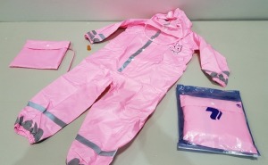 25 X BRAND NEW BWIV KIDS BUNNY PRINT HOODED RAINWEAR BODYSUIT WITH REFLECTIVE STRIPS AND CARRY POUCH - ALL IN PINK - ALL IN SIZE KIDS 5-7 YRS