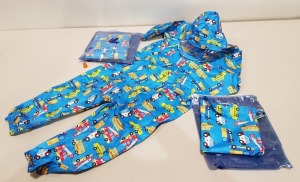 25 X BRAND NEW BWIV LIVECASA KIDS CAR PRINT HOODED RAINWEAR BODYSUIT - WITH REFLECTIVE STRIPS AND STORAGE POUCH - ALL IN BLUE - ALL IN SIZE 5-7 YRS