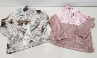 20 X BRAND NEW BWIV FLUFFY QUARTER ZIP JUMPERS IN 2 COLOURS TO INCLUDE PINK AND TIE DYE AND SIZES TO INCLUDE UK L AND XL - IN 2 TRAYS