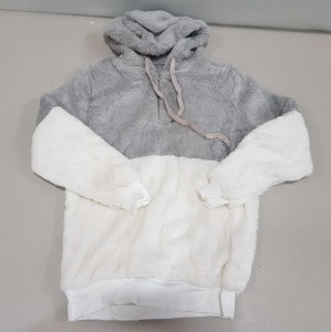 20 X BRAND NEW BWIV WOMANS BAGGY FLUFFY QUARTER ZIP HOODED SWEATSHIRTS IN PURE WHITE AND LIGHT GREY - ALL IN SIZE UK S - IN 2 TRAYS