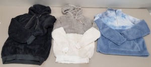 20 X BRAND NEW MIXED BWIV WOMANS BAGGY FLUFFY QUARTER ZIP SWEATSHIRTS / HOODIES / FLEECE - IN VARIOUS COLOURS TO INCLUDE BLUE / GREY/ PURE WHITE AND GREY / BLACK - IN MIXED SIZES TO INCLUDE S / M / L - IN 2 TRAYS