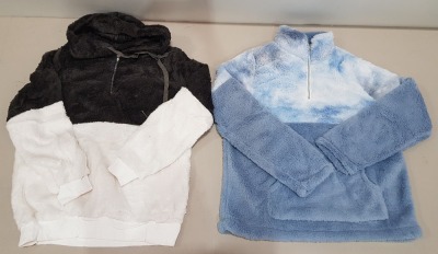 20 X BRAND NEW MIXED BWIV WOMANS BAGGY FLUFFY QUARTER ZIP SWEATSHIRTS / FLEECE - IN VARIOUS COLOURS TO INCLUDE BLUE / PURE WHITE AND GREY - IN MIXED SIZES TO INCLUDE UK M / L - IN 2 TRAYS