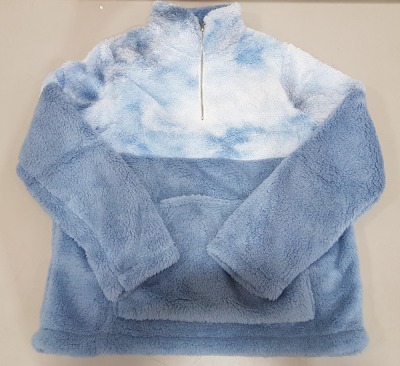 20 X BRAND NEW MIXED BWIV WOMANS BAGGY FLUFFY QUARTER ZIP SWEATSHIRTS - ALL IN BLUE - ALL IN IN SIZE UK M - IN 2 TRAYS