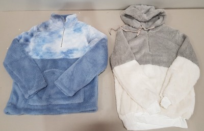 20 X BRAND NEW MIXED BWIV WOMANS BAGGY FLUFFY QUARTER ZIP SWEATSHIRTS - IN VARIOUS COLOURS TO INCLUDE BLUE AND PURE WHITE AND LIGHT GREY - IN SIZES UK M / XL - IN 2 TRAYS