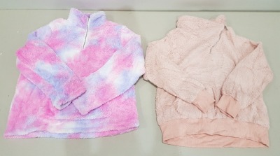 20 X BRAND NEW MIXED BWIV WOMANS BAGGY FLUFFY QUARTER ZIP SWEATSHIRTS IN MIXED COLOURS TO INCLUDE PINK TIE DYE , WHITE AND PINK AND JUST PINK - IN MIXED SIZED TO INCLUDE UK M / XL - IN 1 BOX AND 1 TRAY