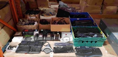 HALF BAY ELECTRONIC LOT CONTAINING LARGE AMOUNT OF KEYBOARDS AND MOUSE , OFFICE TELEPHONES , MONITOR , HP LASERJET 2003A MAGENTA PRINT CARTRIDGE , 3 BOXES OF CABLES / POWER LEADS ETC