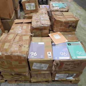 3000+ BRAND NEW VARIOUS SCHOOL STATIONERY TO INCLUDE A4 EXERCISE LINED BOOK , A4 BINDER BOOK , A4 MUSIC BOOK ETC - ON HALF PALLET