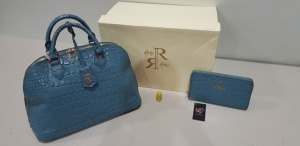 10 PIECE WOMANS HANDBAG LOT CONTAINING 4 X BRAND NEW RUBY ROSE - BOWLING HANDBAG IN CROC STYLE - IN TEAL COLOUR 6 X BRAND NEW RUBY ROSE - CROC STYLE - IN TEAL COLOUR PURSES