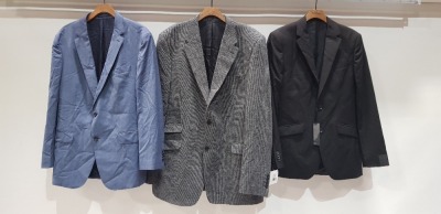 3 X BRAND NEW MIXED SUIT BLAZER LOT TO INCLUDE 1 X HUGO BOSS NAVY BLUE BLAZER - NO SIZE 1 X KENNETH COLE BLACK BLAZER - SIZE 38 L 1 X SHETLAND CHEQUERED GREY - SIZE 50 XL