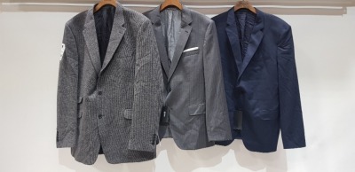 3 X BRAND NEW MIXED SUIT BLAZER LOT TO INCLUDE 1 X SHETLAND GREY CHEQUERED BLAZER - SIZE 48 XL 1 X HUGO BOSS CHARCOAL GREY BLAZER - NO SIZE 1 X HUGO BOSS NAVY BLUE SLIM FIT BLAZER - NO SIZE