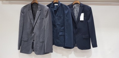 3 X BRAND NEW MIXED SUIT BLAZER LOT TO INCLUDE 1 X HUGO BOSS GREY BLAZER - NO SIZE 1 X CALVIN KLEIN NAVY BLUE BLAZER - SIZE 48 1 X LIMEHAUS NAVY BLUE SLIM FIT BLAZER - SIZE 40 REG