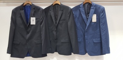 3 X BRAND NEW MIXED SUIT BLAZER LOT TO INCLUDE 1 X ALEXANDRE BLACK BLAZER - SIZE 40 L 1 X CALVIN KLEIN BLACK BLAZERS - NO SIZE 1 X RACING GREEN NAVY BLUE BLAZER - SIZE 42 REG