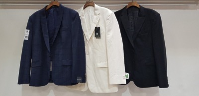 3 X BRAND NEW MIXED SUIT BLAZER LOT TO INCLUDE 1 X KENNETH COLE CHEQUERED NAVY BLUE BLAZER - SIZE 42 REG 1 X SKOPES WHITE BLAZER - SIZE 42 REG 1 X ARMANI COLLECTION BLACK BLAZER - SIZE 52