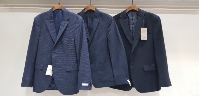 3 X BRAND NEW MIXED SUIT BLAZER LOT TO INCLUDE 1 X TIGER OF SWEDEN NAVY BLUE BLAZER - SIZE 52 1 X CALVIN KLEIN FITTED NAVY BLUE BLAZER - SIZE 46 1 X RACING GREEN NAVY BLUE BLAZER - SIZE 40