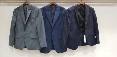 3 X BRAND NEW MIXED SUIT BLAZER LOT TO INCLUDE 1 X KENNETH COLE GREY BLAZER - SIZE 40 S 1 X HOWICK NAVY BLUE BLAZER - SIZE 40 REG 1 X LIMEHAUS FLORAL PRINT NAVYU BLUE B;LAZER - SIZE 40