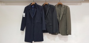 3 X BRAND NEW MIXED SUIT BLAZER LOT TO INCLUDE 1 X GANT NAVY BLUE 3/4 LENGTH BLAZER - SIZE S 1 X HUGO BOSS BLACK BLAZER - NO SIZE 1 X HUGO BOSS KHAKI GREEN BLAZER - NO SIZE