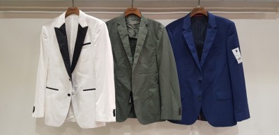 3 X BRAND NEW MIXED SUIT BLAZER LOT TO INCLUDE 1 X HUGO BOSS BLUE BLAZER - NO SIZE 1 X HUGO BOSS GREEN BLAZER - REG FIT 1 X HUGO BOSS WHITE AND BLACK BLAZER - NO SIZE