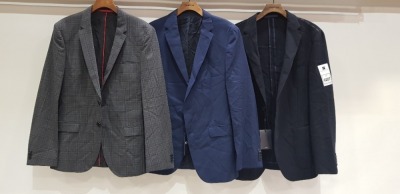 3 X BRAND NEW MIXED SUIT BLAZER LOT TO INCLUDE 1 X HUGO BOSS BLACK BLAZER - PART FINISHED FOR TAILORING - NO SIZE 1 X HUGO BOSS CHEQUERED GREY BLAZER - NO SIZE 1 X HUGO BOSS NAVY BLUE BLAZER - NO SIZE