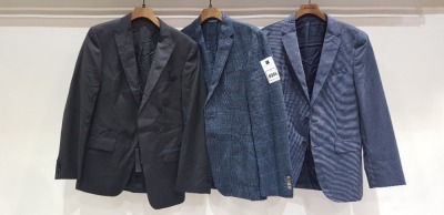 3 X BRAND NEW MIXED SUIT BLAZER LOT TO INCLUDE 1 X HUGO BOSS CHEQUERED BLUE BLAZER - NO SIZE 1 X HUGO BOSS LIGHT NAVY BLAZER - NO SIZE 1 X HUGO BOSS BLACK BLAZER - NO SIZE