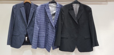 3 X BRAND NEW MIXED SUIT BLAZER LOT TO INCLUDE 1 X ASHTON GUMM CHEQUERED PURPLE BLAZER - NO SIZE 1 X JONATHON CHARLES BLACK BLAZER SIZE 48 REG 1 X MARGOTTO LIGHT NAVY BLUE - NO SIZE