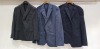 3 X BRAND NEW MIXED SUIT BLAZER LOT TO INCLUDE 1 X CALVIN KLEIN BLACK BLAZER - SIZE 56 1 X DRAGO NAVY BLUE - NO SIZE 1 X HUGO BOSS BLACK BLAZER - NO SIZE