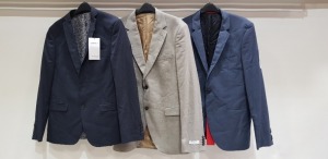 3 X BRAND NEW MIXED SUIT BLAZER LOT TO INCLUDE 1 X HUGO BOSS NAVY BLUE BLAZER - 38 REG 1 X TIGER OF SWEDEN CREAM BLAZER - SIZE 52 1 X LIMEHAUS DOTTED BLACK BLZER - 42 REG