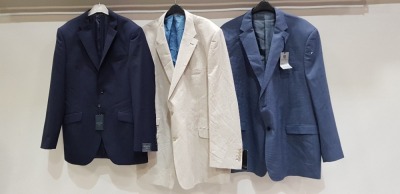 3 X BRAND NEW MIXED SUIT BLAZER LOT TO INCLUDE 1 X SKOPES LIGHT NAVY BLAZER - NO SIZE 1 X HUGO JAMES CREAM BLAZER- SIZE 54L 1 X HOWICK NAVY BLUE BLAZER - SIZE CHEST 38