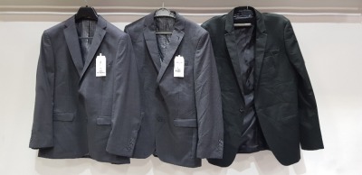 3 X BRAND NEW MIXED SUIT BLAZER LOT TO INCLUDE 1 X CALVIN KLEIN BLACK BLAZER - NO SIZE 1 X KINGS CHARCOAL GREY BLAZER - NO SIZE 1 X KINGS CHARCOAL GREY BLAZER - NO SIZE