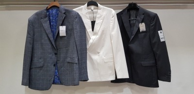 3 X BRAND NEW MIXED SUIT BLAZER LOT TO INCLUDE 1 X KINGS GREY BLAZER - SIZE CHEST 38 1 X SKOPES CHEQUERED GREY - SIZE 42 1 X HUGO BOSS SILK WHITE BLAZER - NO SIZE