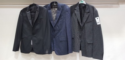 3 X BRAND NEW MIXED SUIT BLAZER LOT TO INCLUDE 1 X HUGO BOSS SLIM FIT GREY BLAZER - NO SIZE 1 X SKOPES NAVY BLUE BLAZER - NO SIZE 1 X KENNETH COLE BLACK BLAZER - SIZE 36