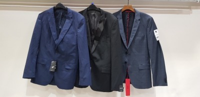 3 X BRAND NEW MIXED SUIT BLAZER LOT TO INCLUDE 1 X HUGO BOSS CHEQUERED LIGHT BLUE BLAZER - NO SIZE 1 X HUGO BOSS NAVY BLUE BLAZER - NO SIZE 1 X KENNETH COLE BLACK BLAZER - SIZE 42 REG