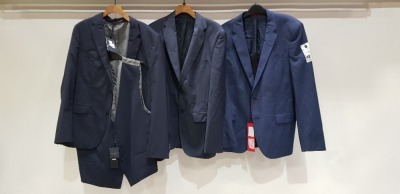 3 X BRAND NEW MIXED SUIT BLAZER LOT TO INCLUDE 1 X HUGO BOSS NAVY BLUE BLAZER - NO SIZE 1 X HUGO BOSS NAVY BLUE BLAZER - NO SIZE 1 X TOMMY HILFIGER DARK NAVY BLAZER AND WAISTCOAT SET BOTH REG FIT - NO SIZE