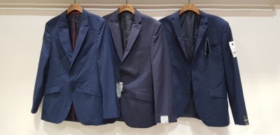 3 X BRAND NEW MIXED SUIT BLAZER LOT TO INCLUDE 1 X KENNETH COLE NAVY BLUE BLAZER - SIZE 40 1 X ALEXANDRE NAVY BLUE BLAZER - NO SIZE 1 X HUGO BOSS NAVY BLUE BLAZER - NO SIZE